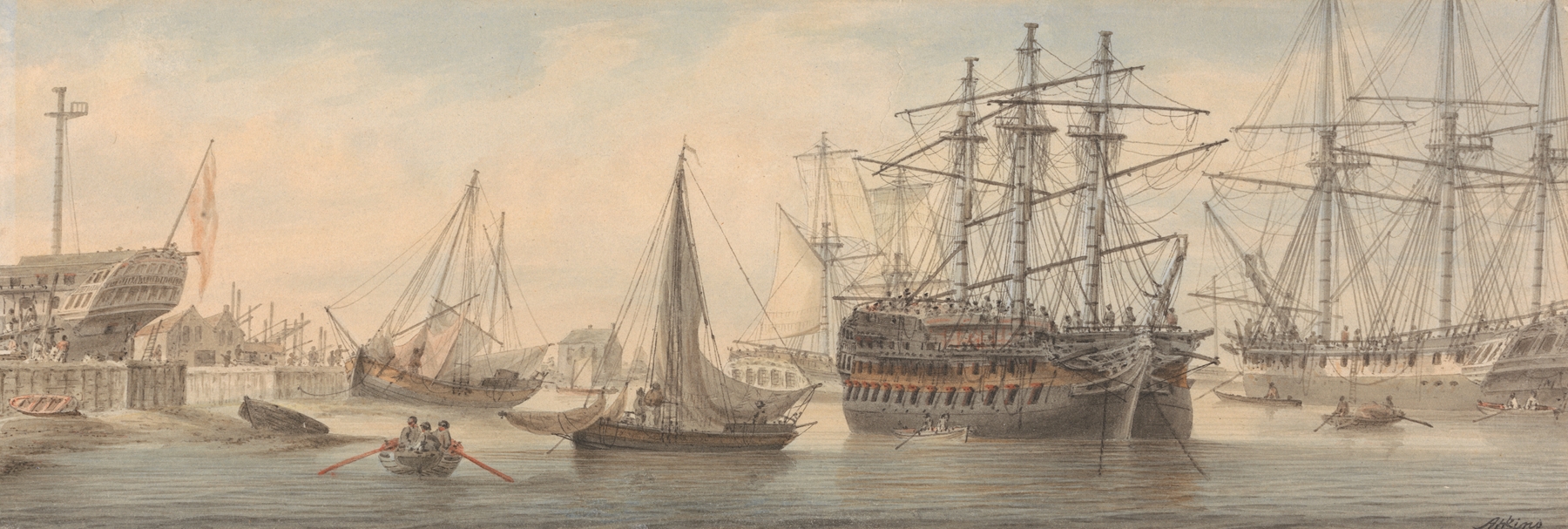 Marine scene with boats on the Thames, oil painting by Samuel Atkins