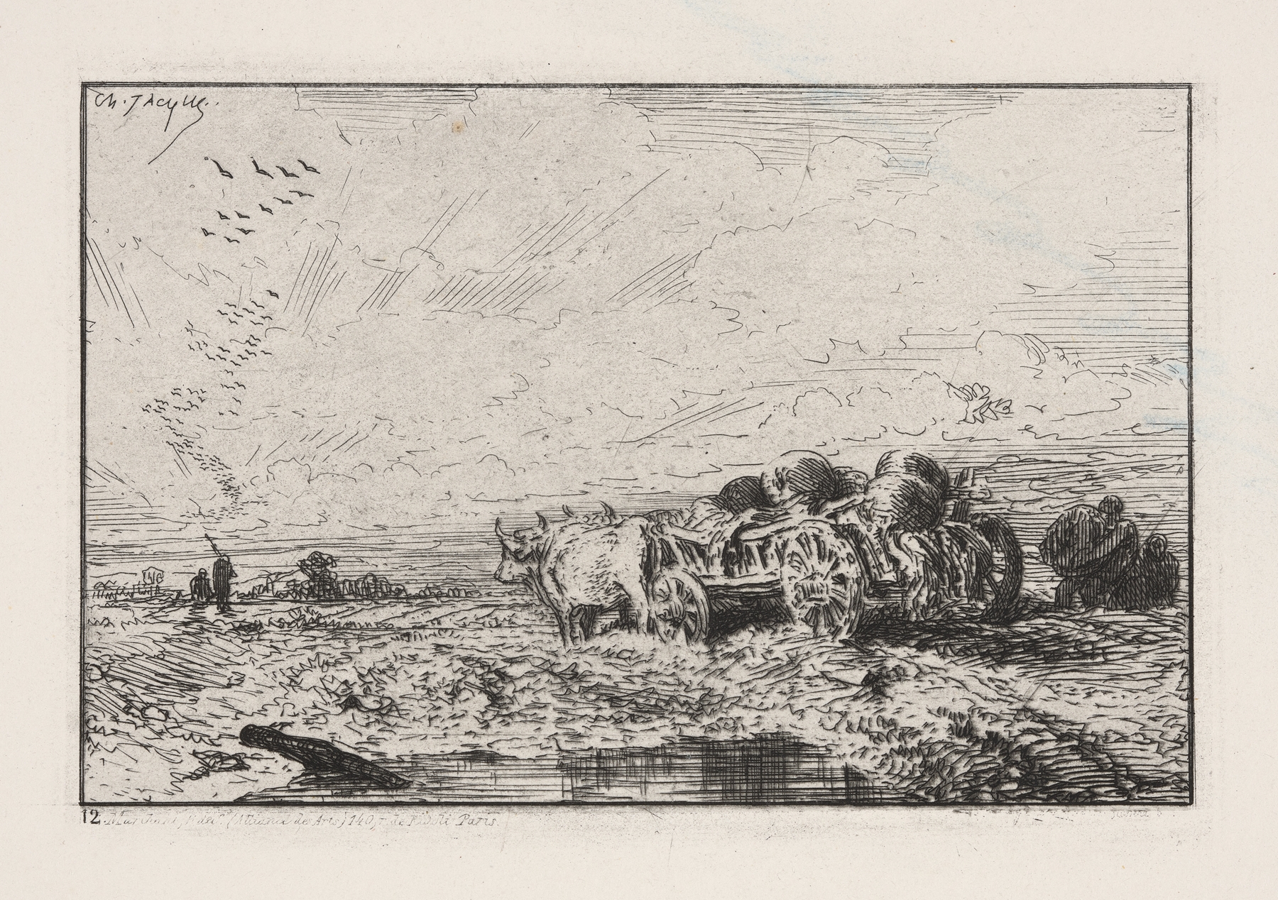 Farmers loading an ox cart, realism by Charles Emile Jacque