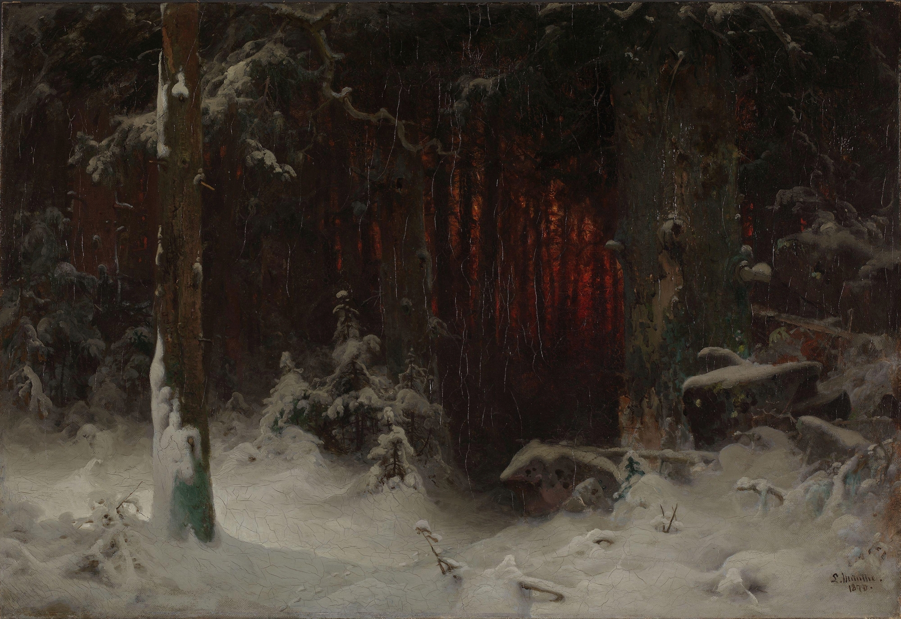 Wooded landscape in snow, oil on canvas by Ludvig Munthe