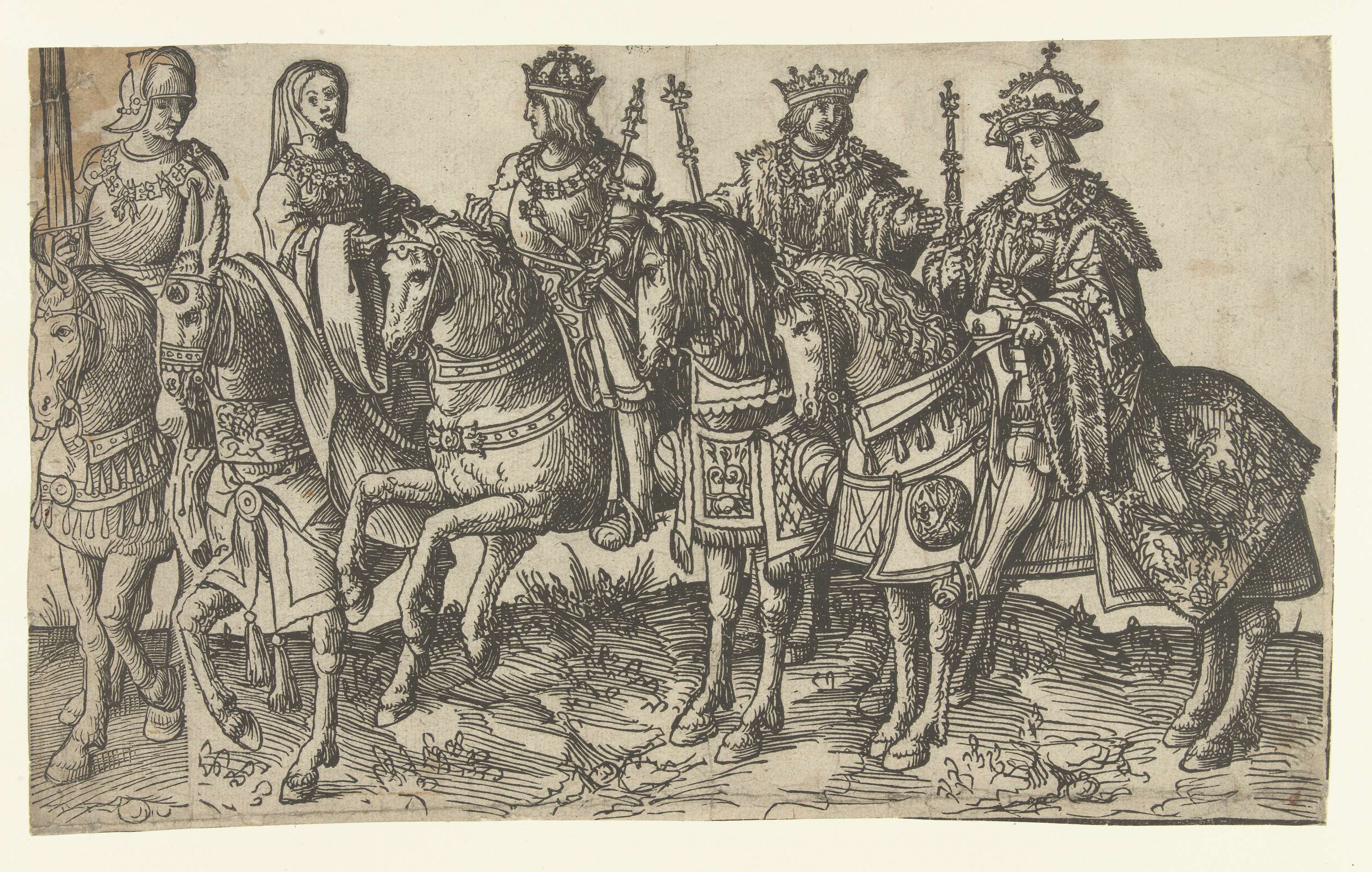 Portrait of Karel de Stoute, Maria van Bourgondië, Maximiliaan I, and Karel V, paper by Jacob Cornelisz van Oostsanen