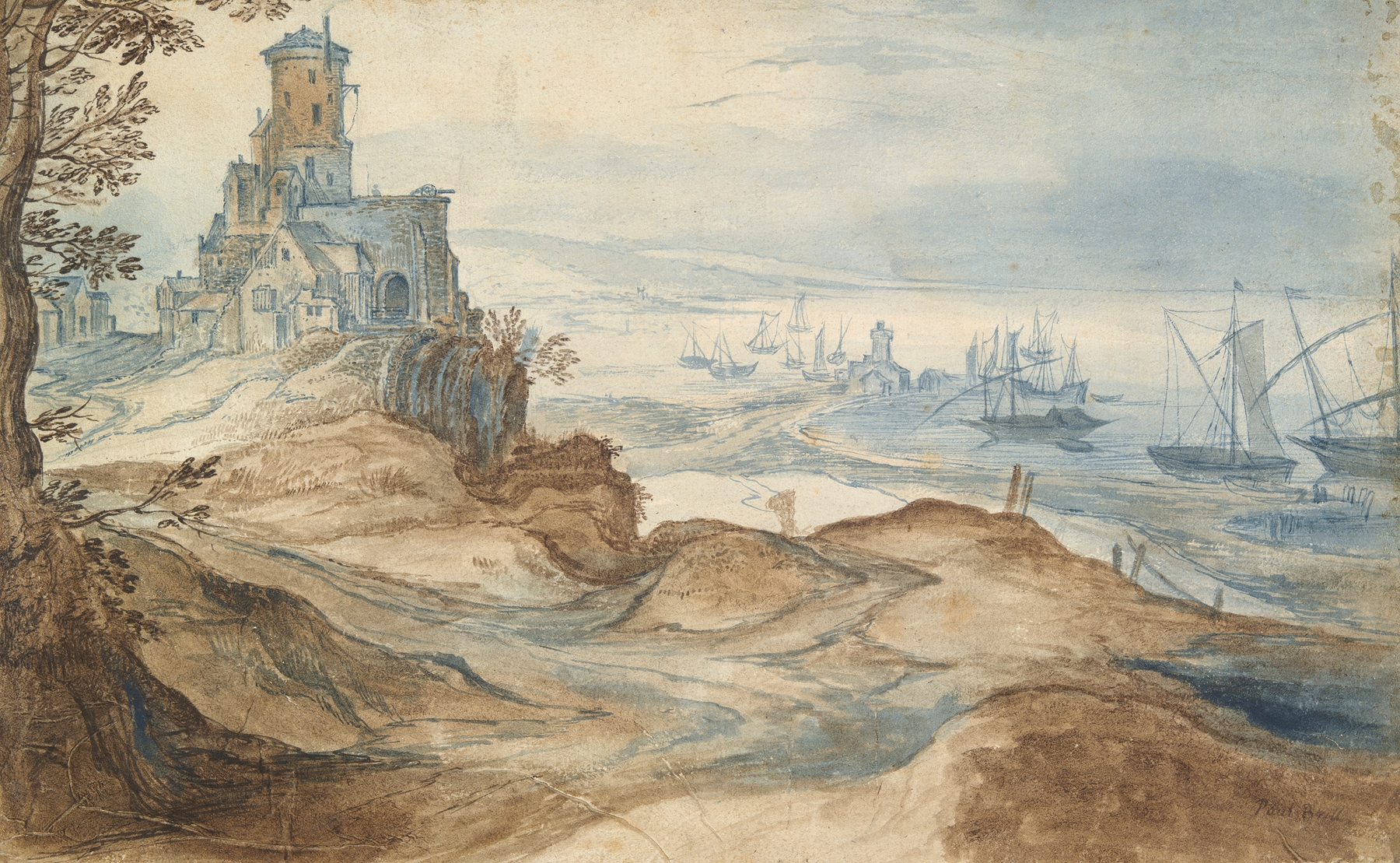 Castle on the seashore, oil painting by School of Pieter Brueghel the Elder