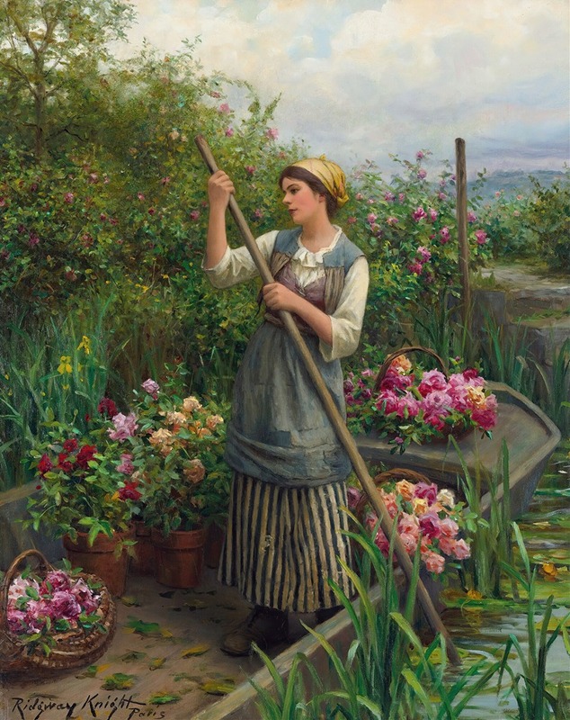 A serene scene of women gathering flowers by a river.