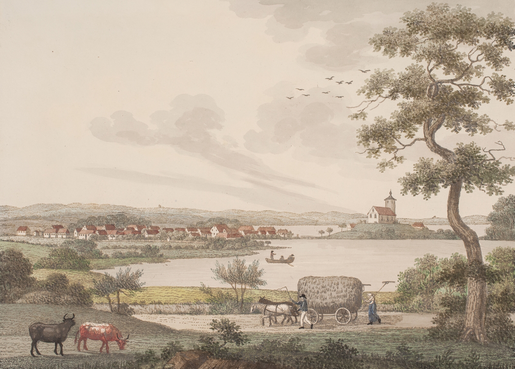 Landscape by Søren L. Lange, depicting trees and distant hills, oil painting