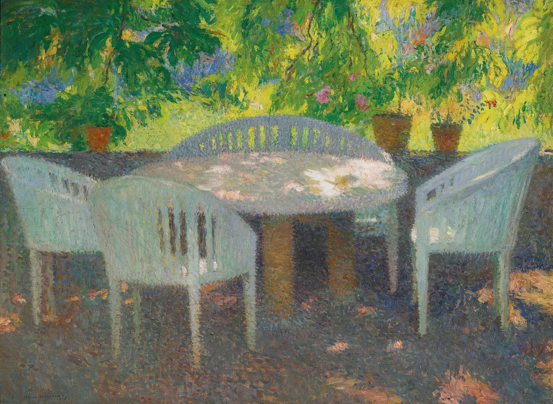 Oil painting by Henri Martin showing sunlight filtering through a tree in a landscape