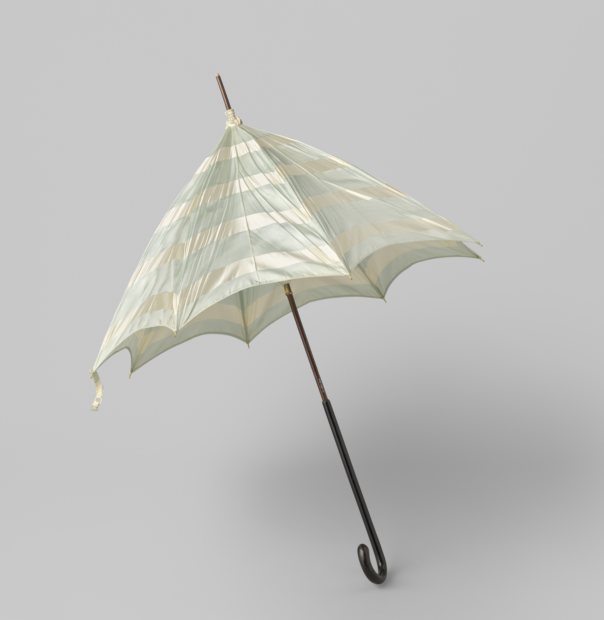 Parasol made of blue and white striped satin on a black-painted wooden stick by Unknown Artist