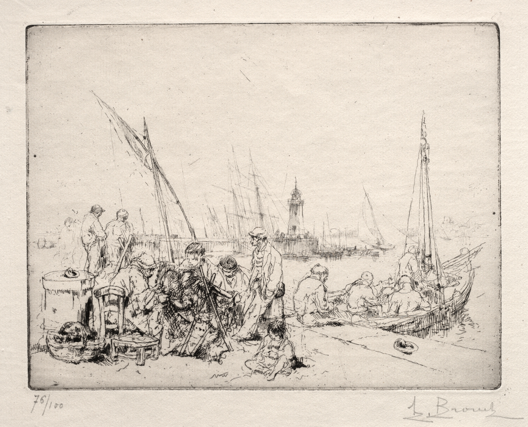 The Net Menders by Auguste Brouet, depicting figures mending nets in earthy tones, modernism