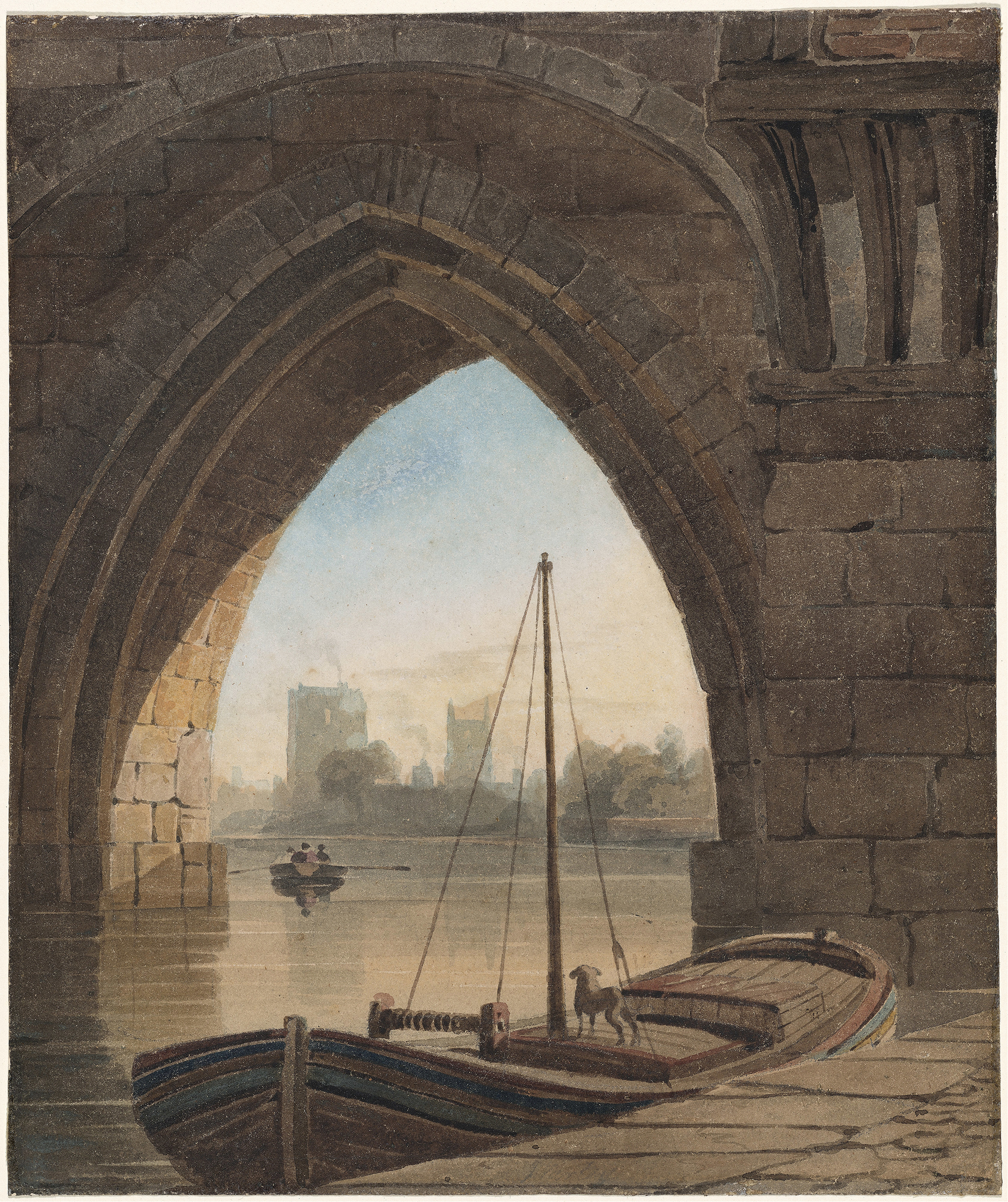 Landscape featuring a bridge and water, by John Varley, oil painting