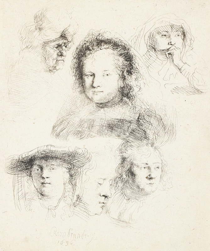 Rembrandt's 'Studies of the Head of Saskia and Others' showcases his skill in portraiture.