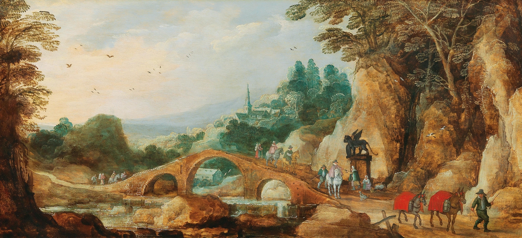 A rocky landscape with riders near a bridge, by Joos de Momper, public domain