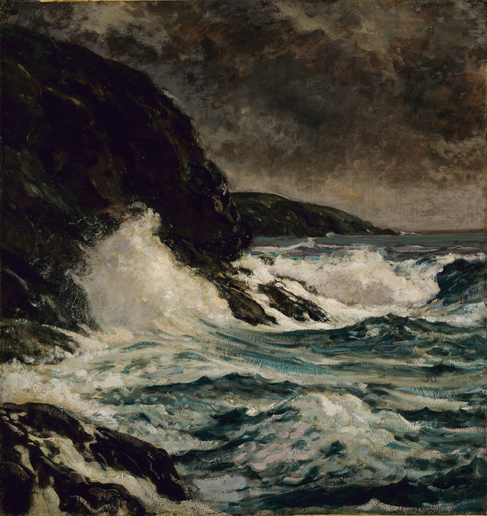 Maine Coast oil painting by Paul Dougherty depicting rocky shoreline and ocean waves.