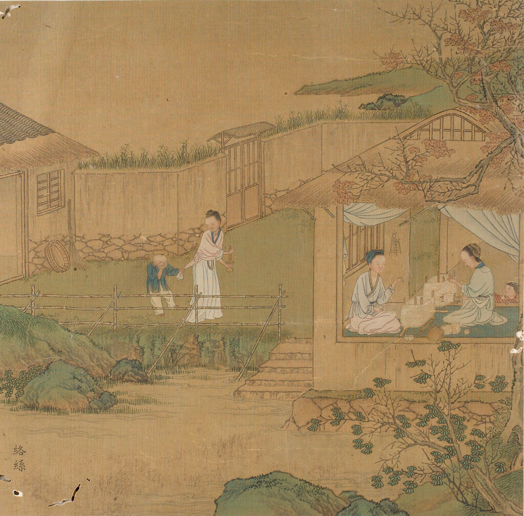 Silk artwork by Qiu Ying depicting a graceful figure in traditional attire