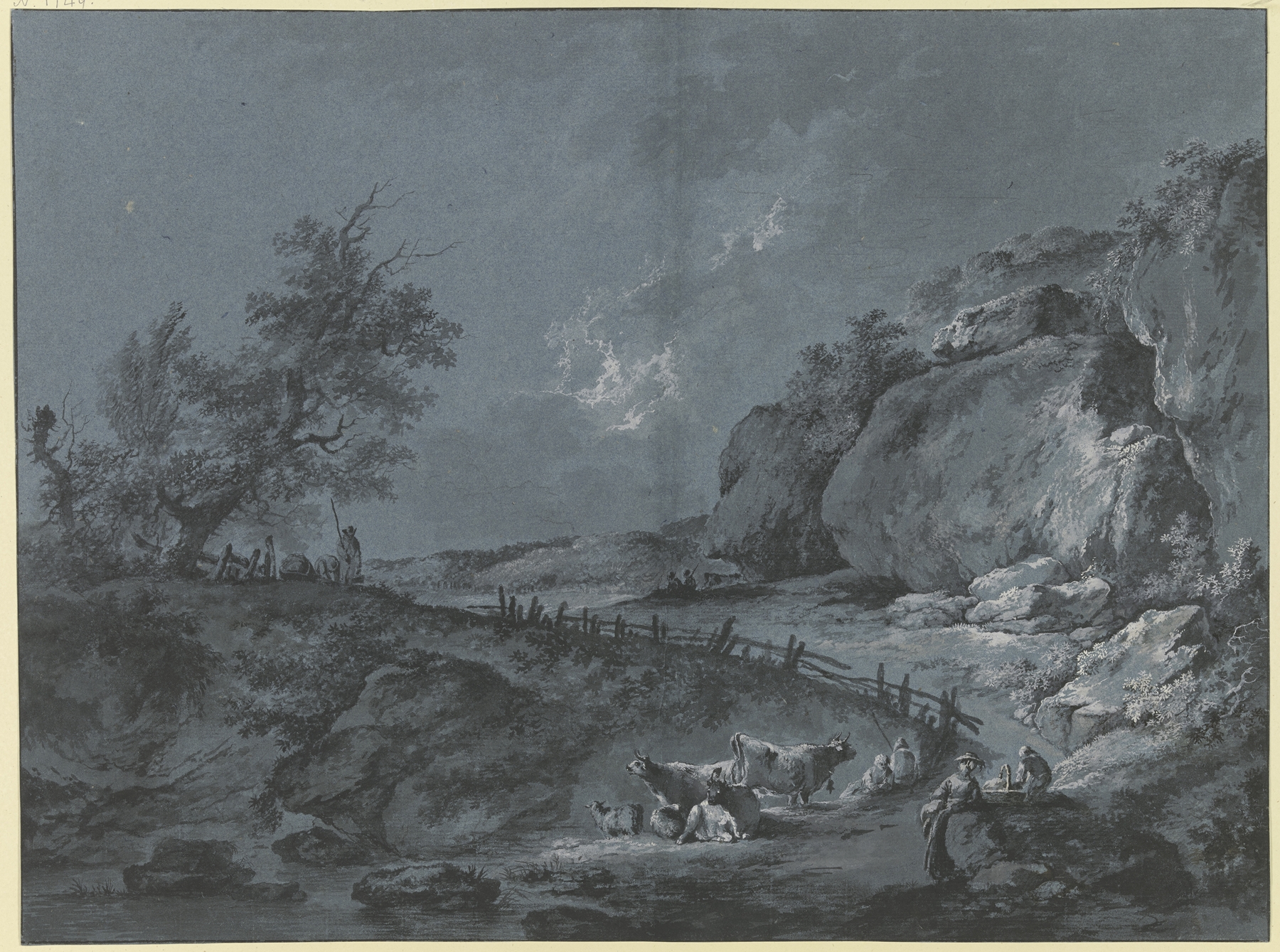 Landscape with shepherds, cattle, and sheep, oil painting by Johann Heinrich Wüest