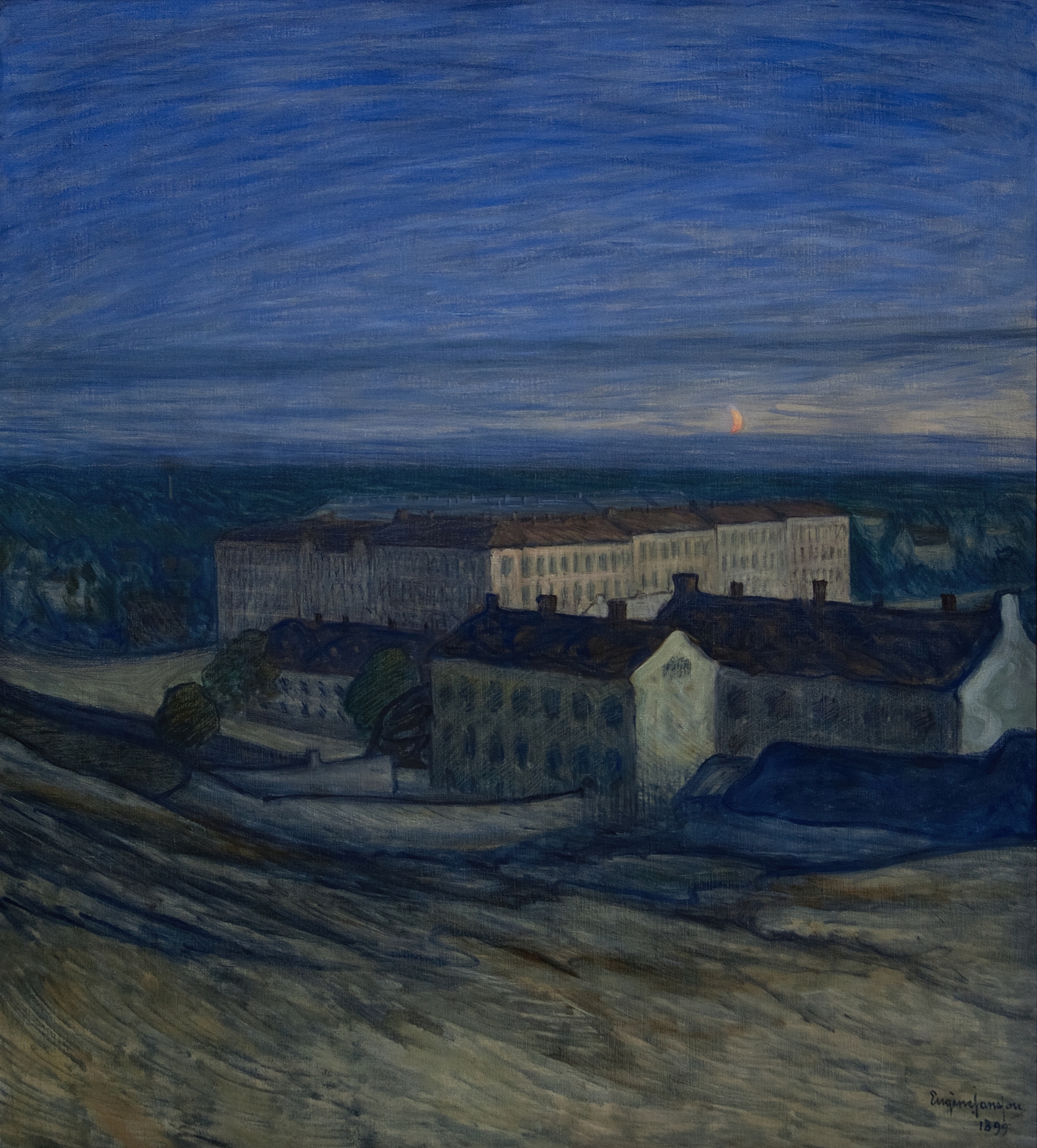 Landscape oil painting by Eugène Jansson depicting twilight with gentle hues.