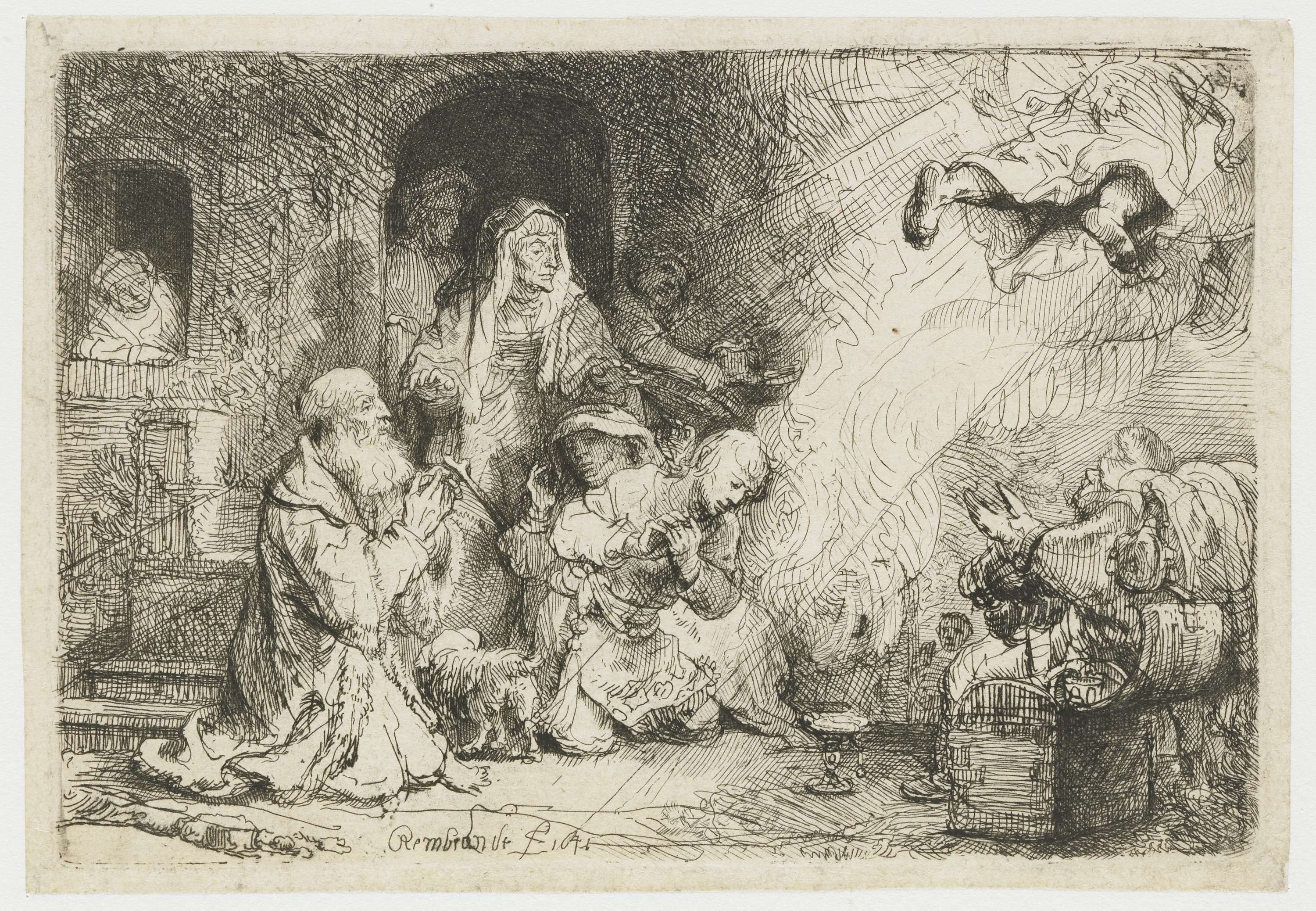 The angel departing from the family of Tobias, etching by Rembrandt van Rijn