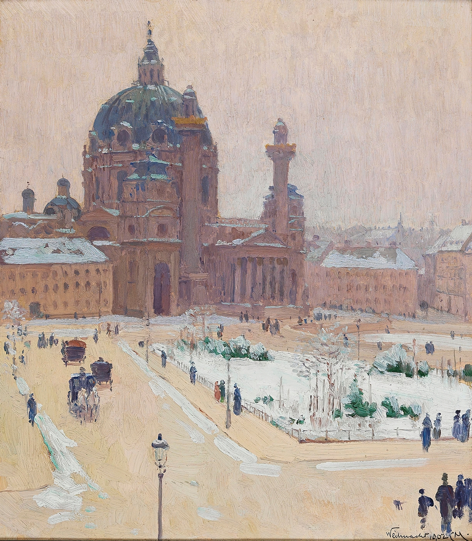 Karlskirche im Winter (Church of St. Charles in winter), by Carl Moll, public domain