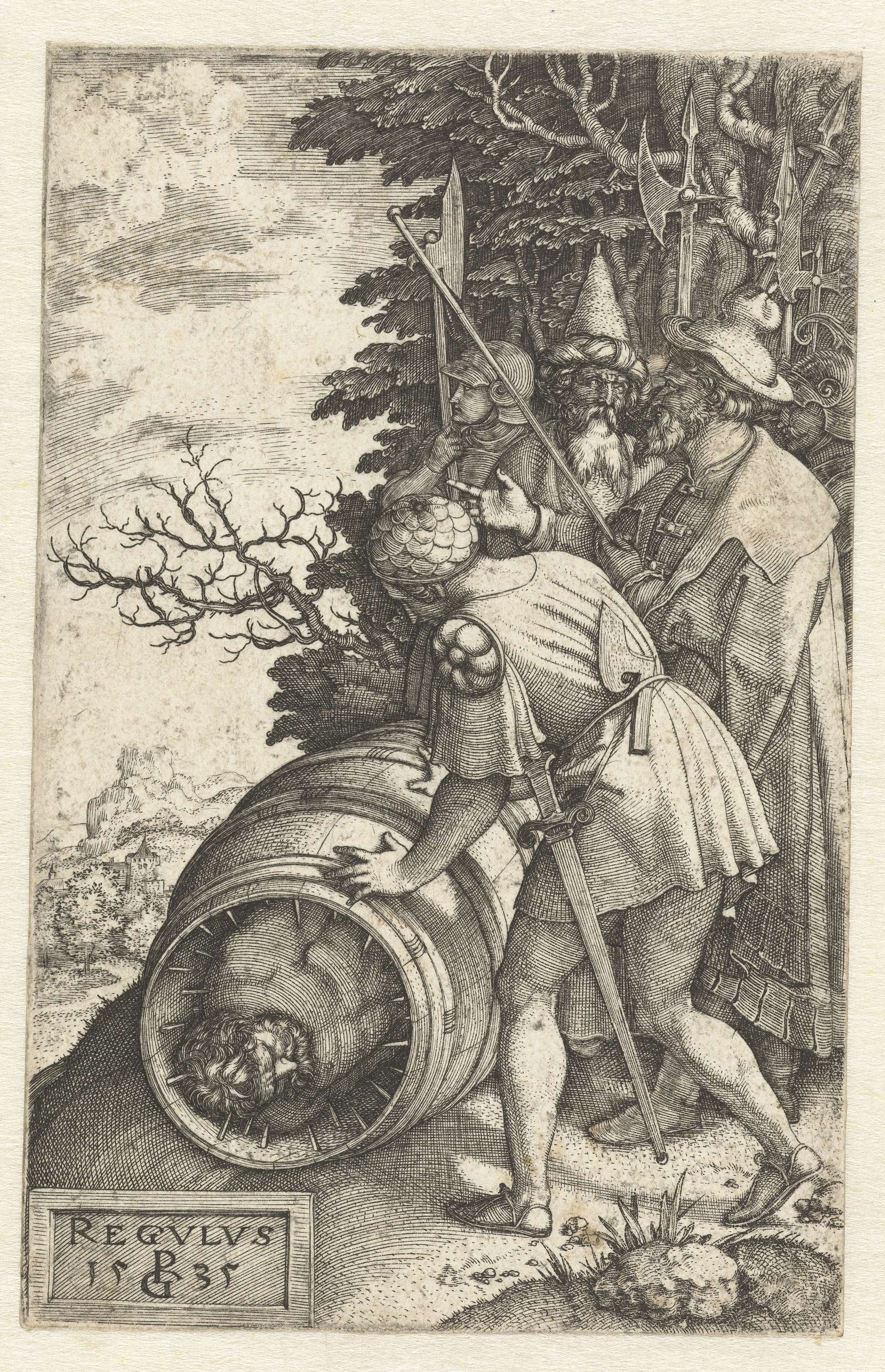 Engraving by Georg Pencz depicting Atilius Regulus in stillness.