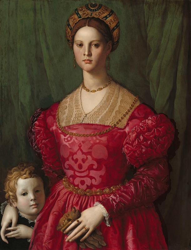 Agnolo Bronzino's painting depicts a young woman and her little boy in a detailed portrait.