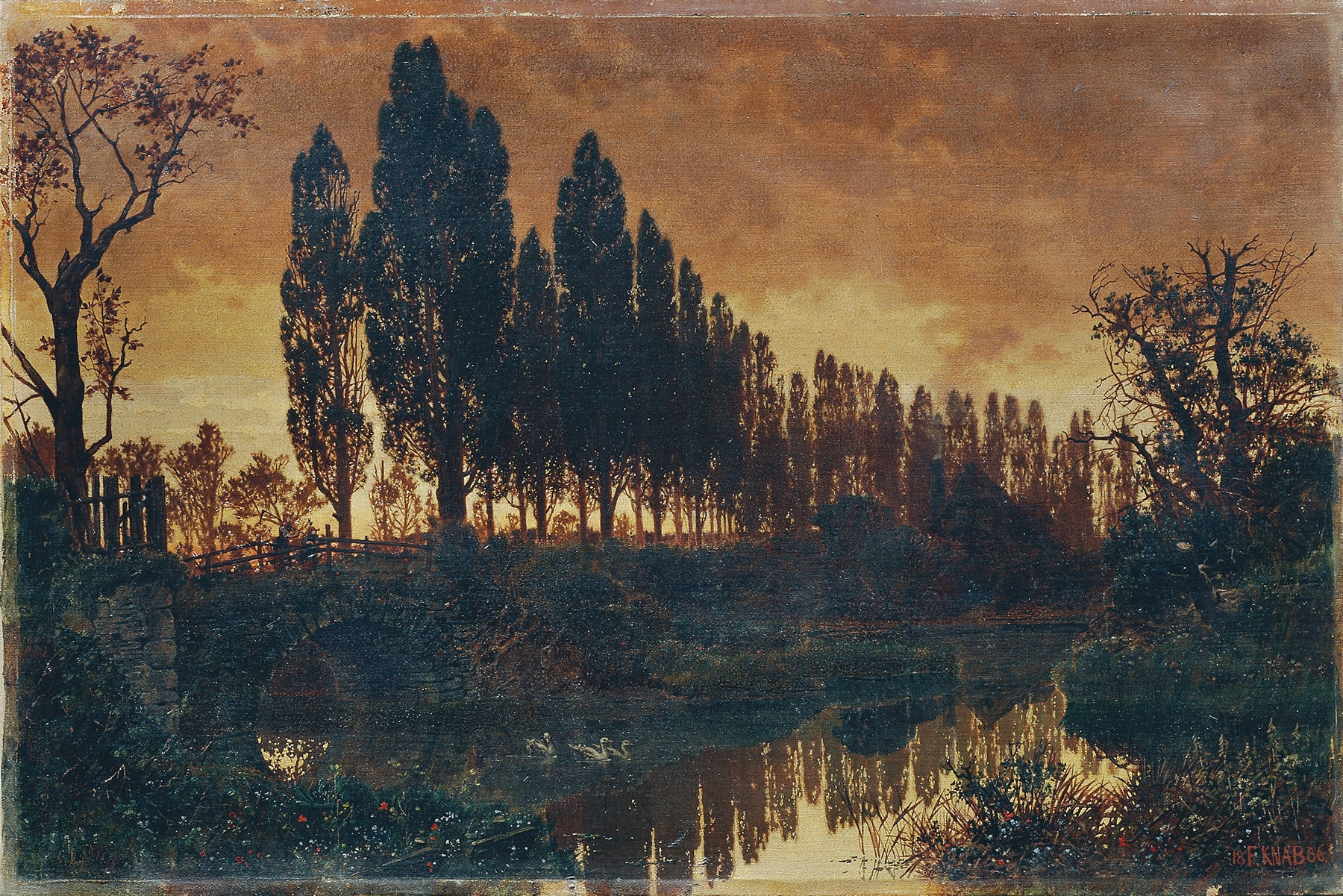 Landscape depicting rolling hills and a river, oil painting by Ferdinand Knab