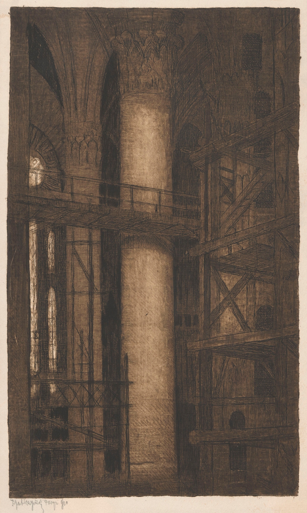 Church interior with wooden pews and stained glass, oil on canvas by Feliks Jabłczyński