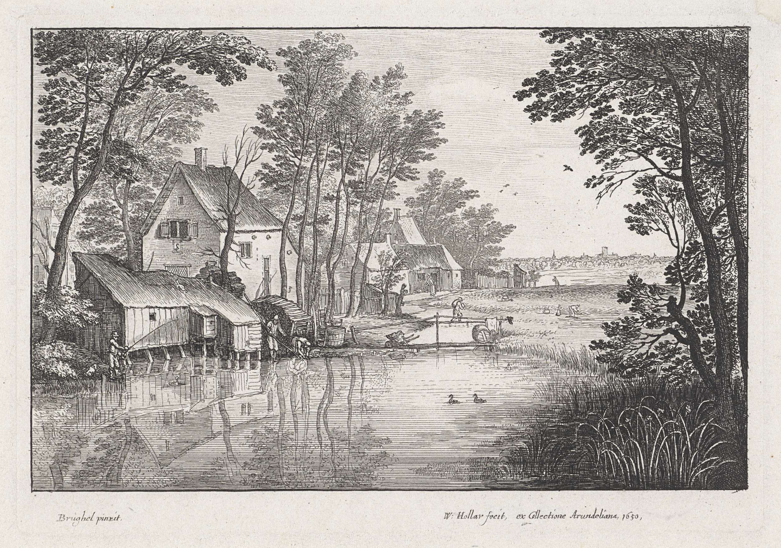 Landschap met huizen aan een sloot, etching by Wenceslaus Hollar depicting a tranquil river landscape.