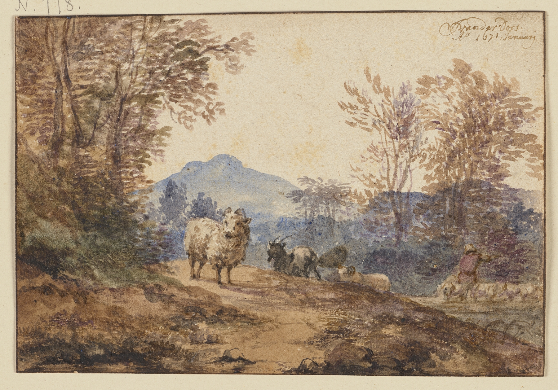 Landschaft mit Schafen und Ziegen by Jacob van der Does, oil on canvas depicting sheep and goats in a landscape.