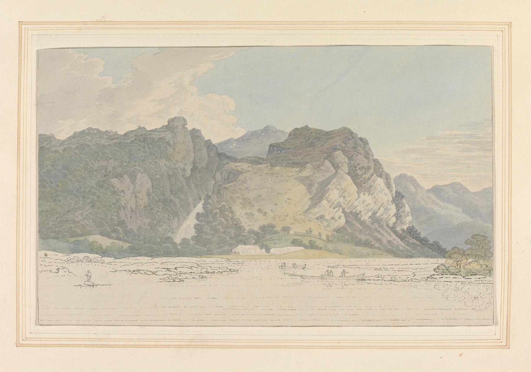 Lodore Rocks — fall & cottage by Joseph Farington, oil painting depicting a tranquil landscape with a waterfall.