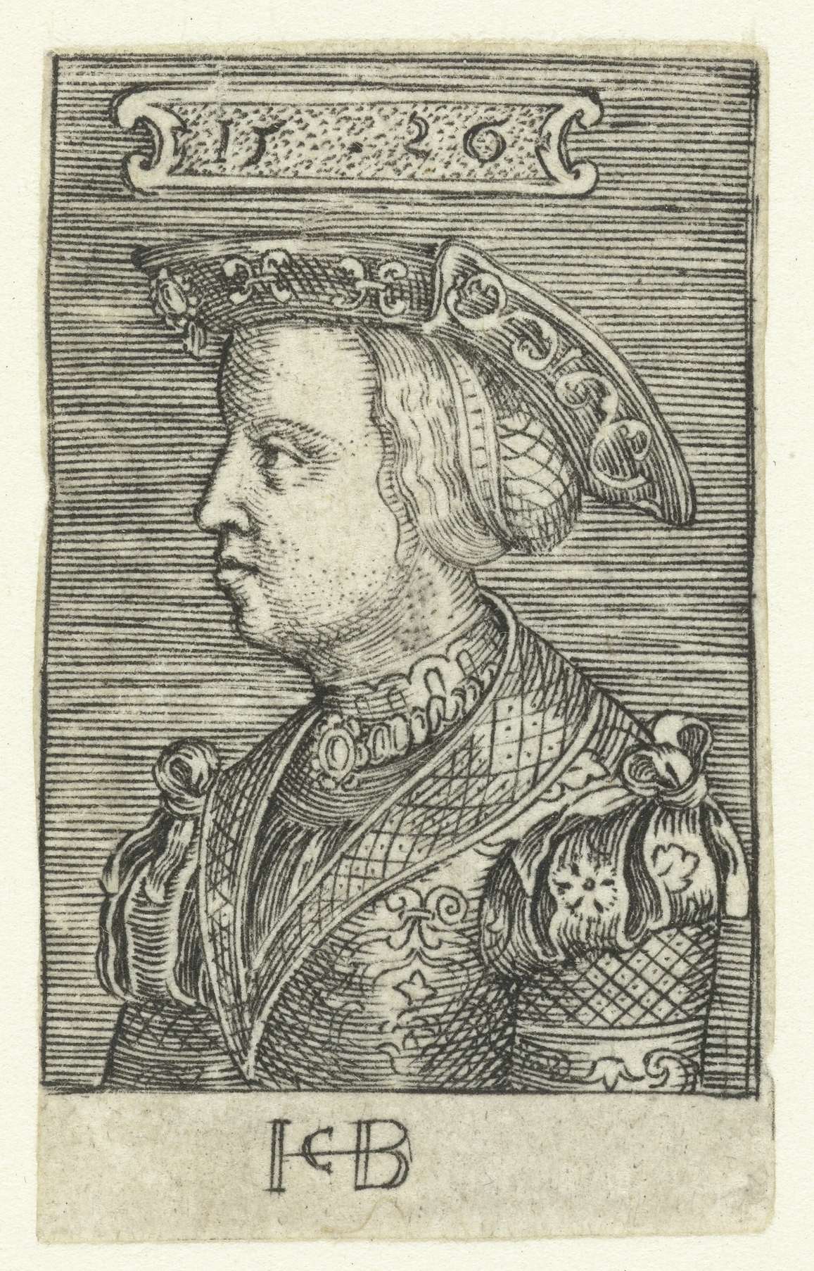 Engraving by Jacob Binck depicting Claudia van Valois in elegant dress.