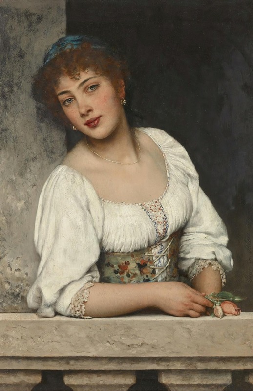 A young girl gazes out of a window in this painting by Eugen von Blaas.