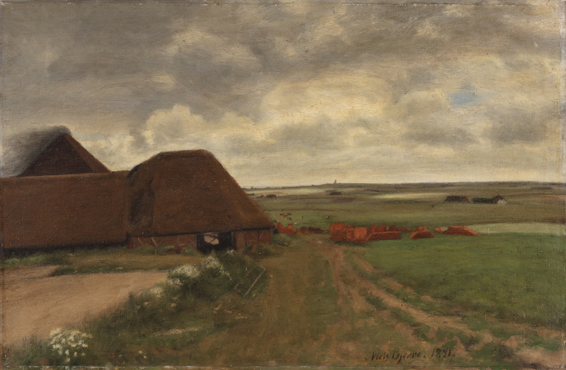 Landscape of a brickworks under a gray sky by Niels Bjerre, oil on canvas