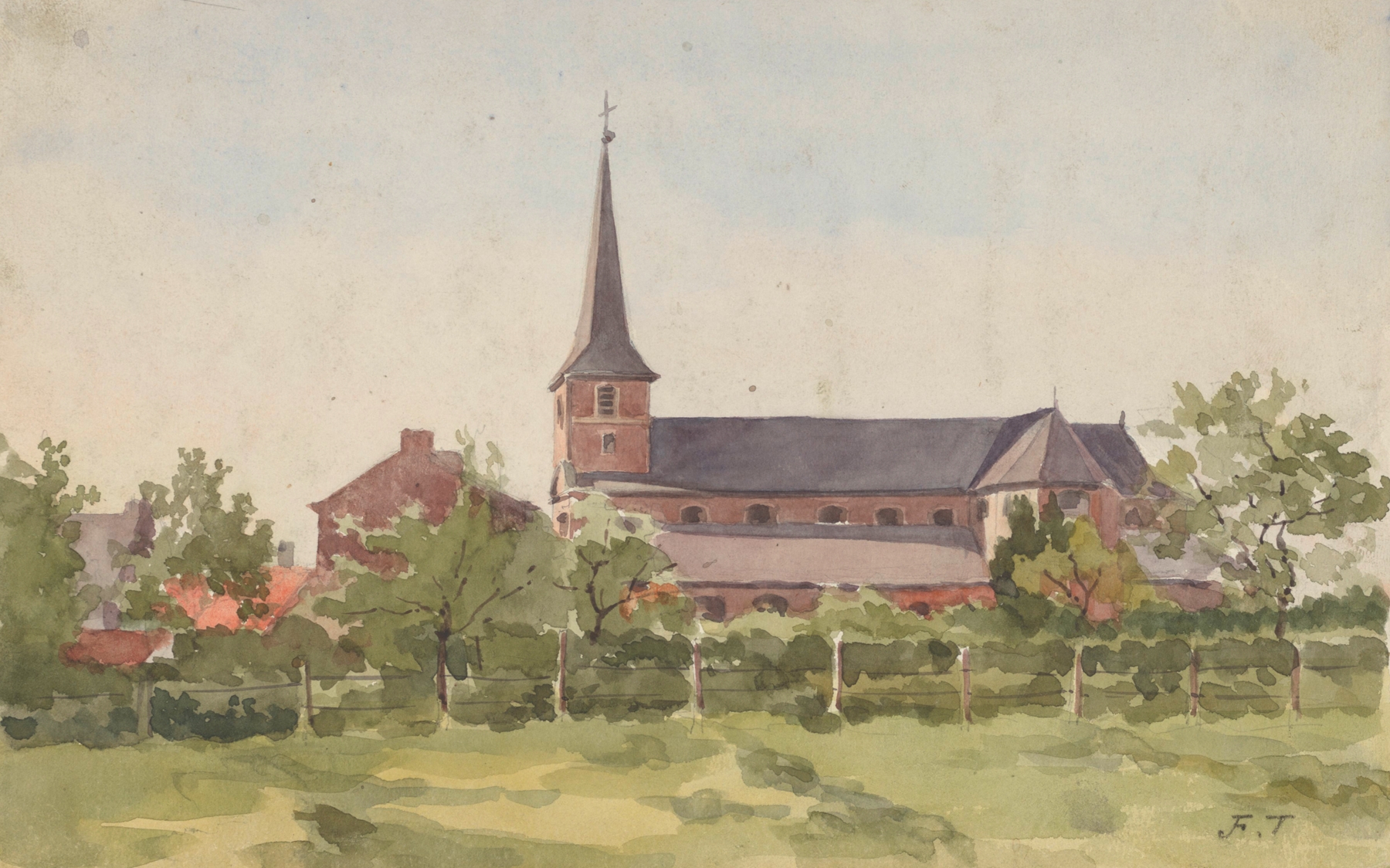 Eglise de village vue sur son flanc droit derrière une haie clôturée, oil on canvas by Jean-François Taelemans