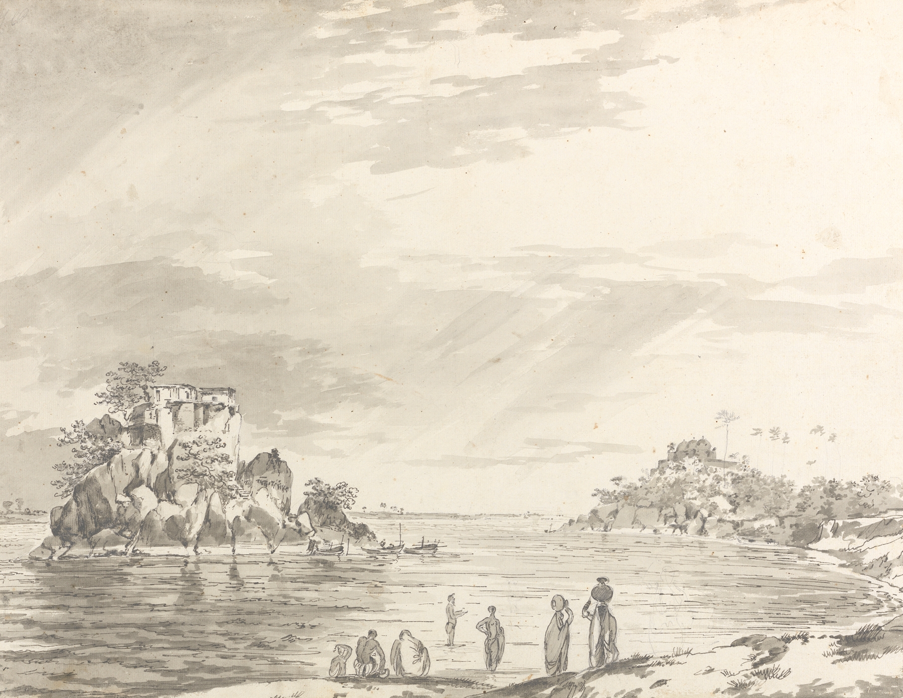 Ink on paper by William Hodges depicting a landscape in India