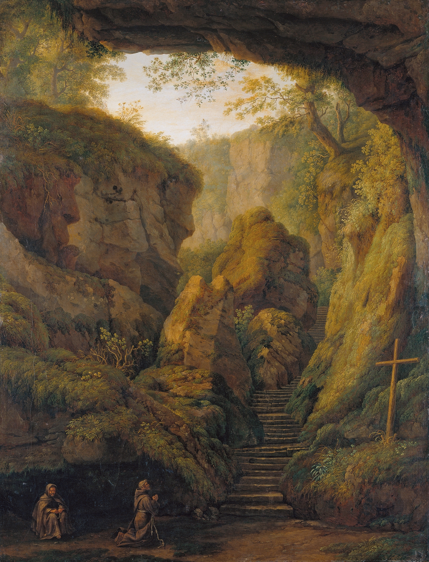 Saint Francis’ Grotto on Monte Verna by Jacob Philipp Hackert, oil painting of a tranquil forest landscape.