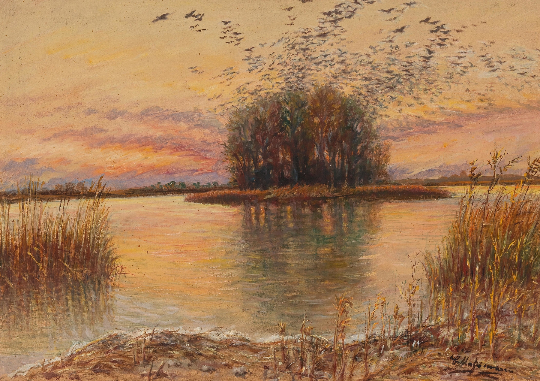 Landscape depicting dawn over a river by Carl Massmann, oil painting
