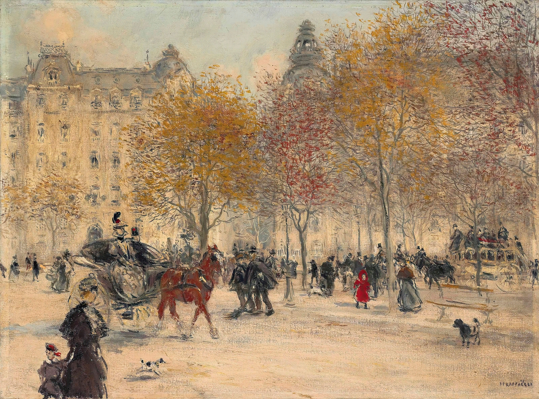 Autumn In Paris, oil on canvas by Jean François Raffaëlli, depicting pedestrians in golden light.