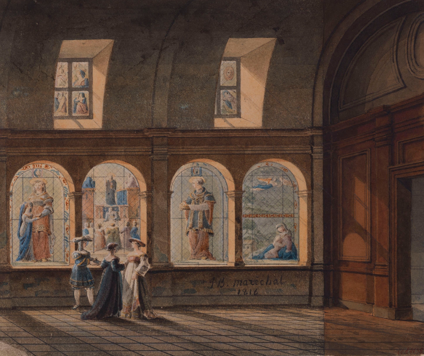 Interior view of cloister with arches and stained glass by Jean Baptiste Maréchal, oil on canvas