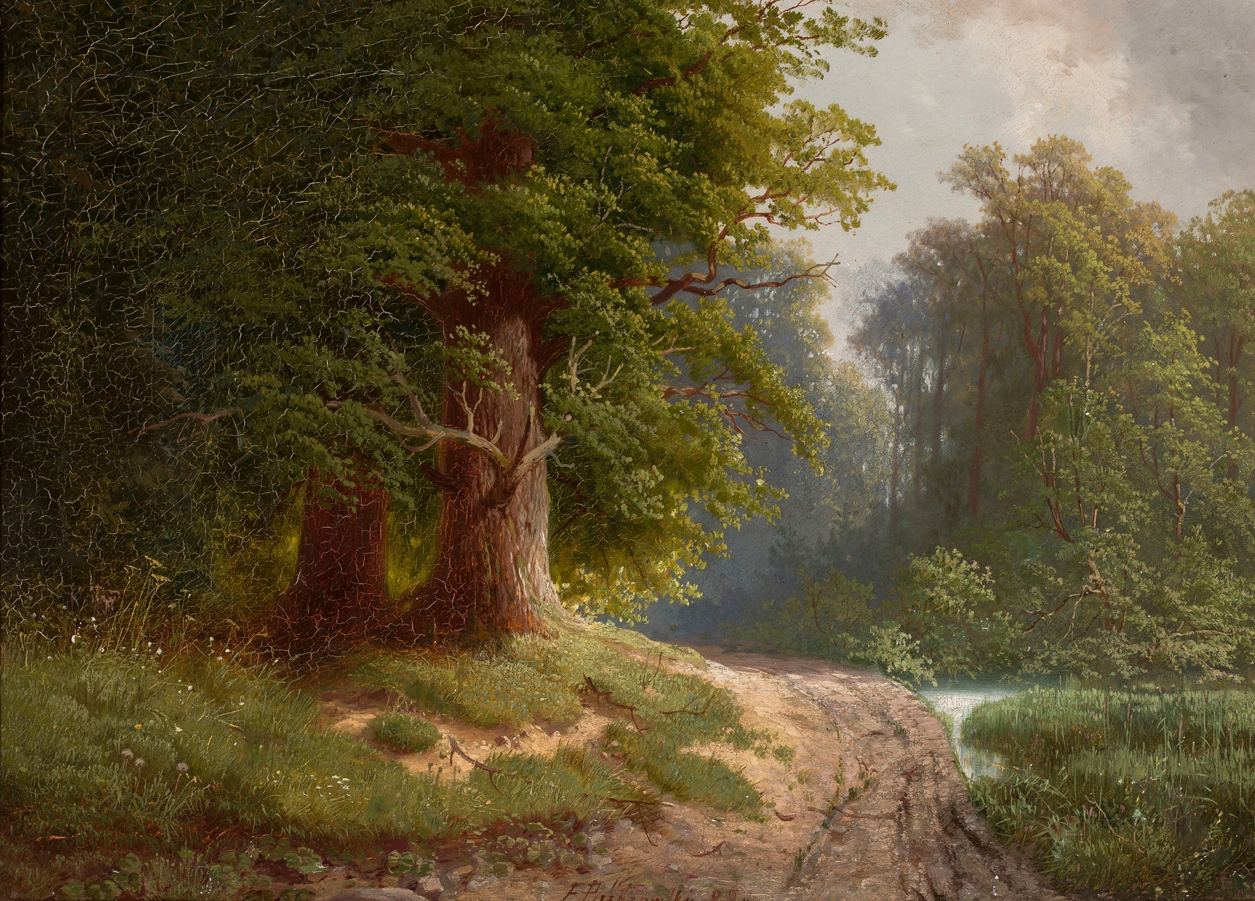After the Rain in Autumn by Feliks Brzozowski, oil painting depicting autumn leaves glistening with raindrops.