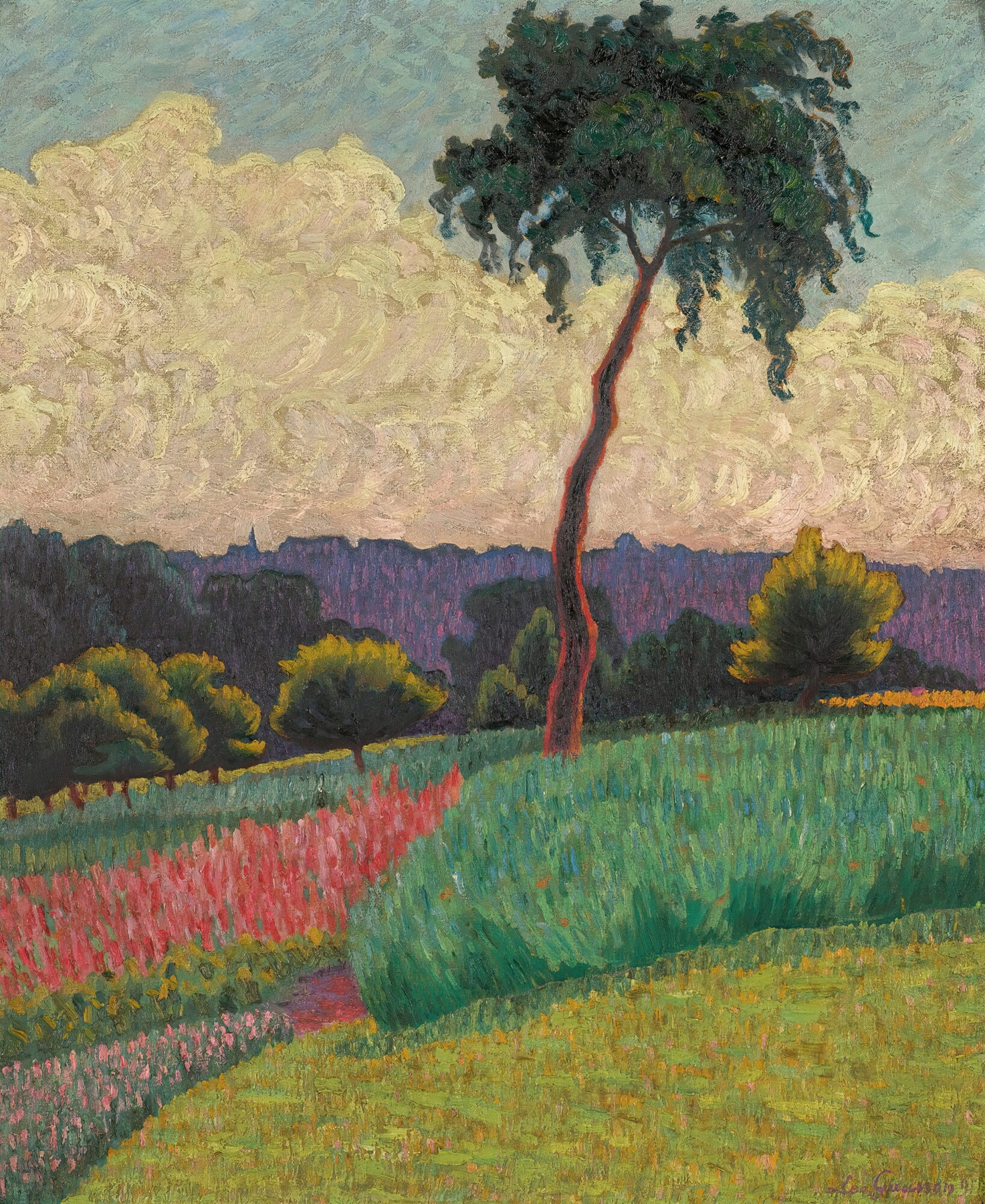 Landscape with vibrant greenery and blue sky by Léo Gausson, 1891, oil painting