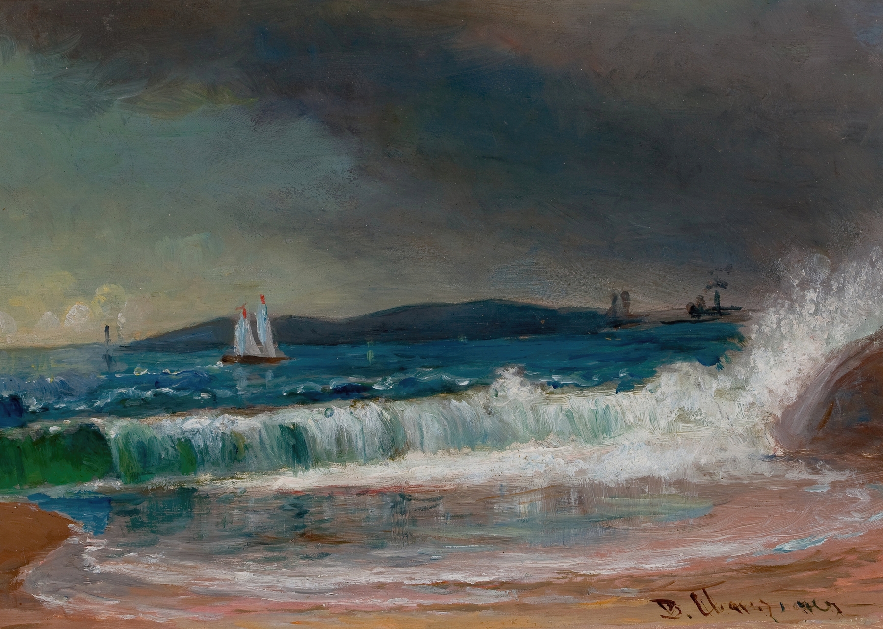 Oil painting by Benjamin Champney depicting a serene seascape with gentle waves and reflections.