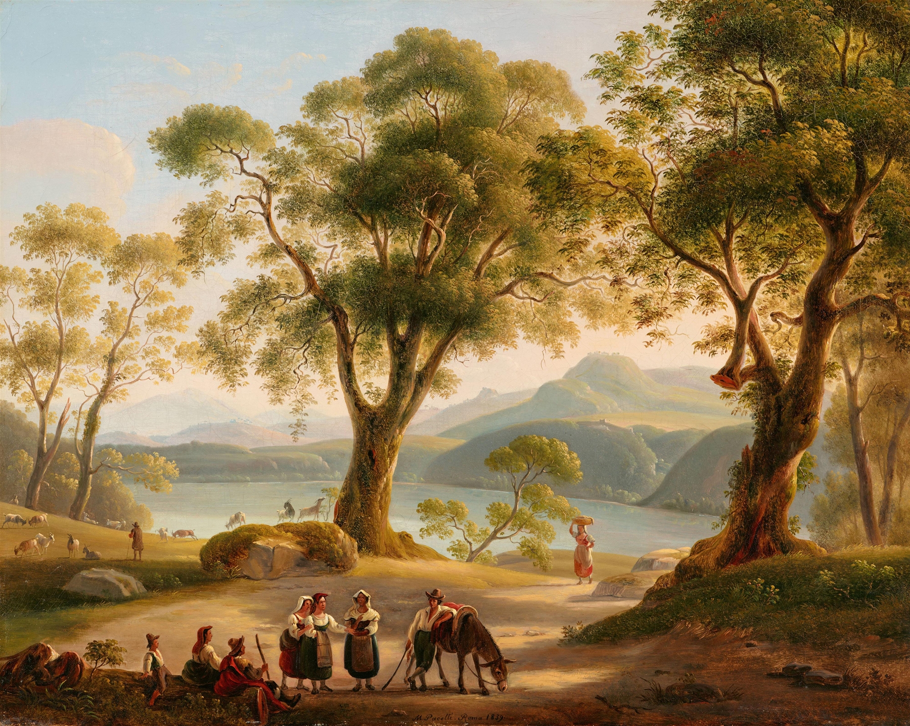 Italienische Landschaft mit See und Hirten by Michelangelo Pacetti, oil on canvas depicting a tranquil Italian landscape.