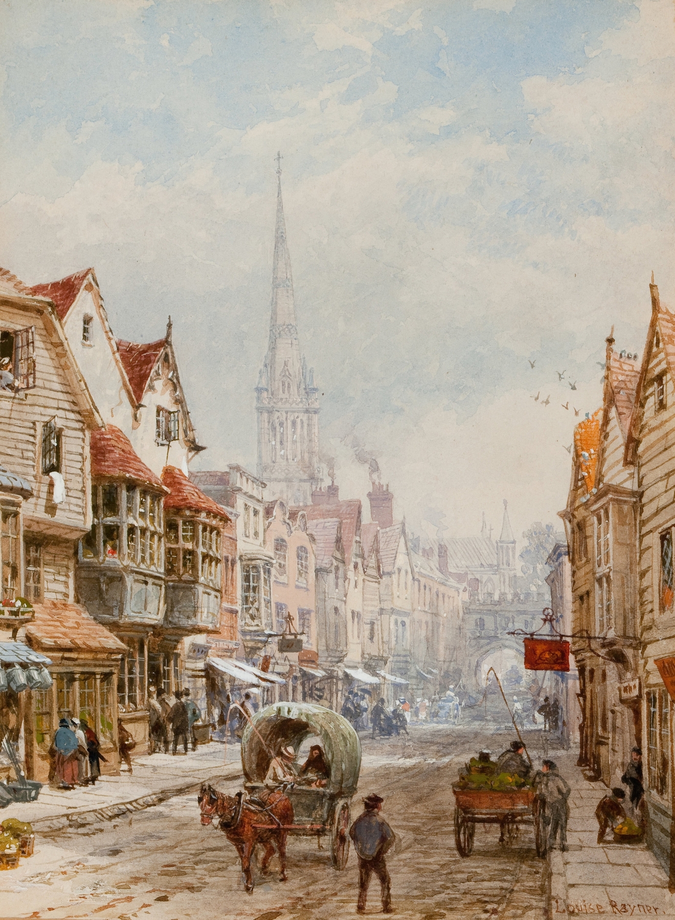 High Street, Salisbury by Louise Rayner, watercolor on paper depicting charming buildings and soft afternoon light