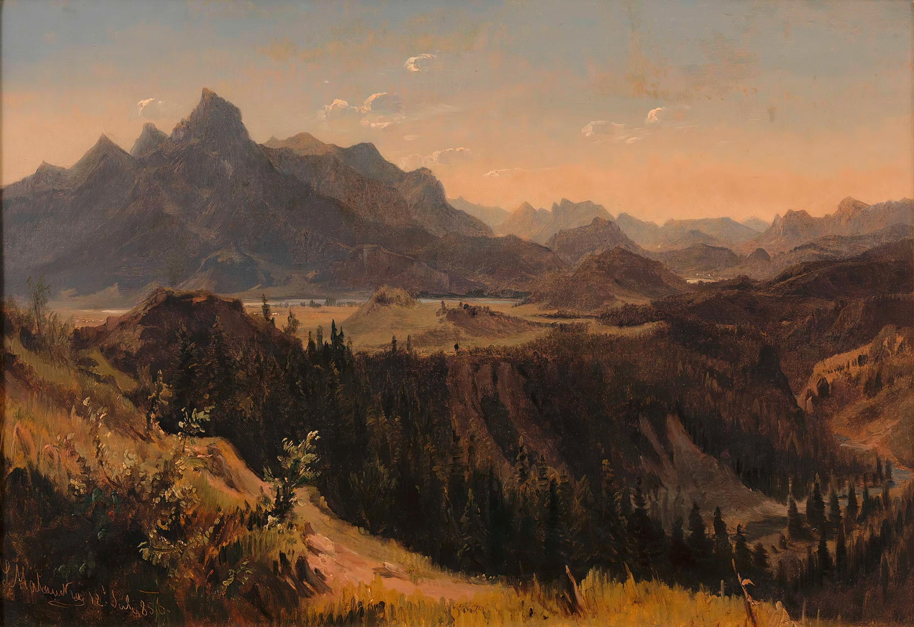 Landscape of the Julian Alps with sunlight and shadows, oil painting by Ludwig Halauska