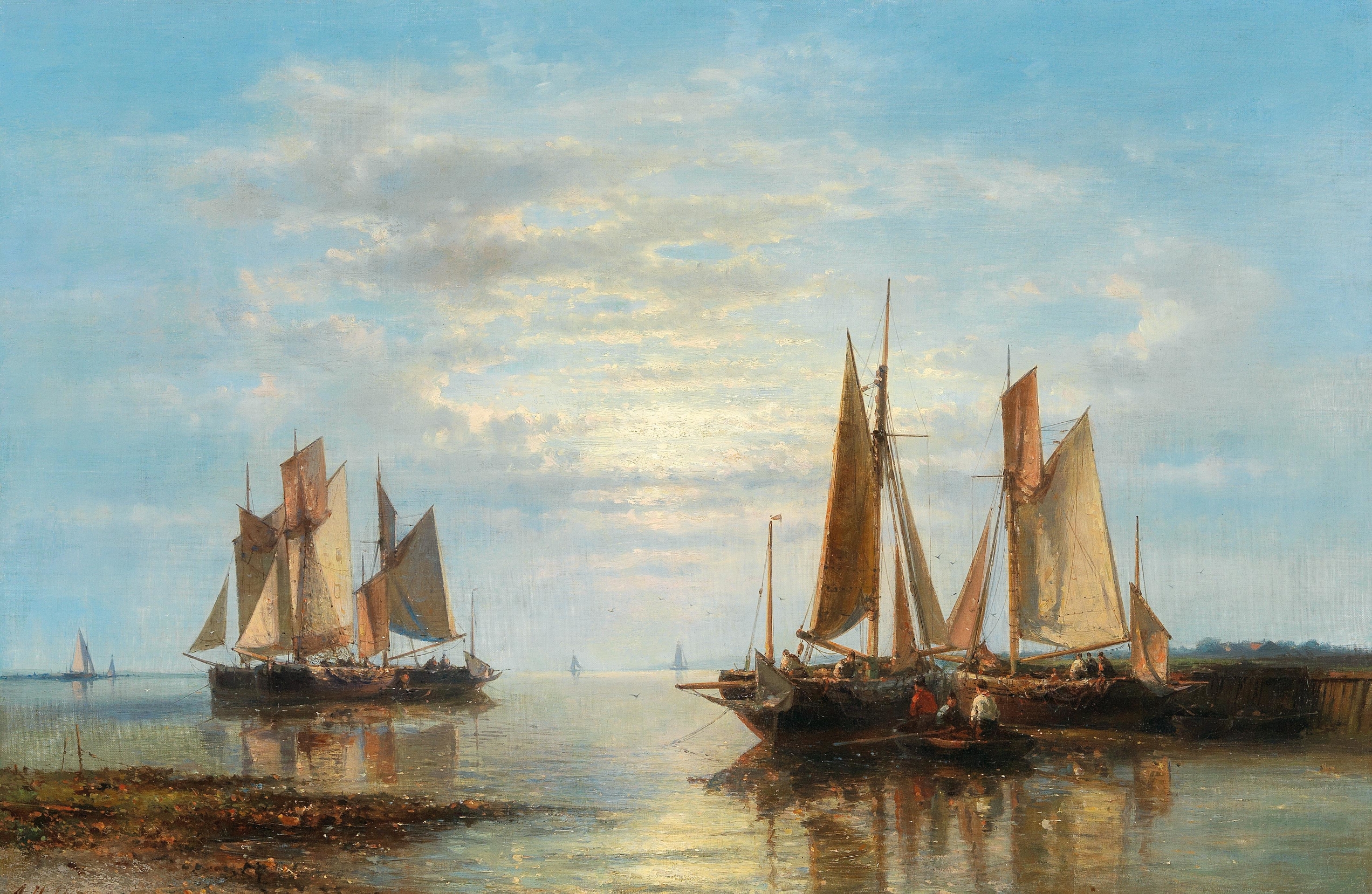 Sailing boats on a calm sea, oil painting by Abraham Hulk