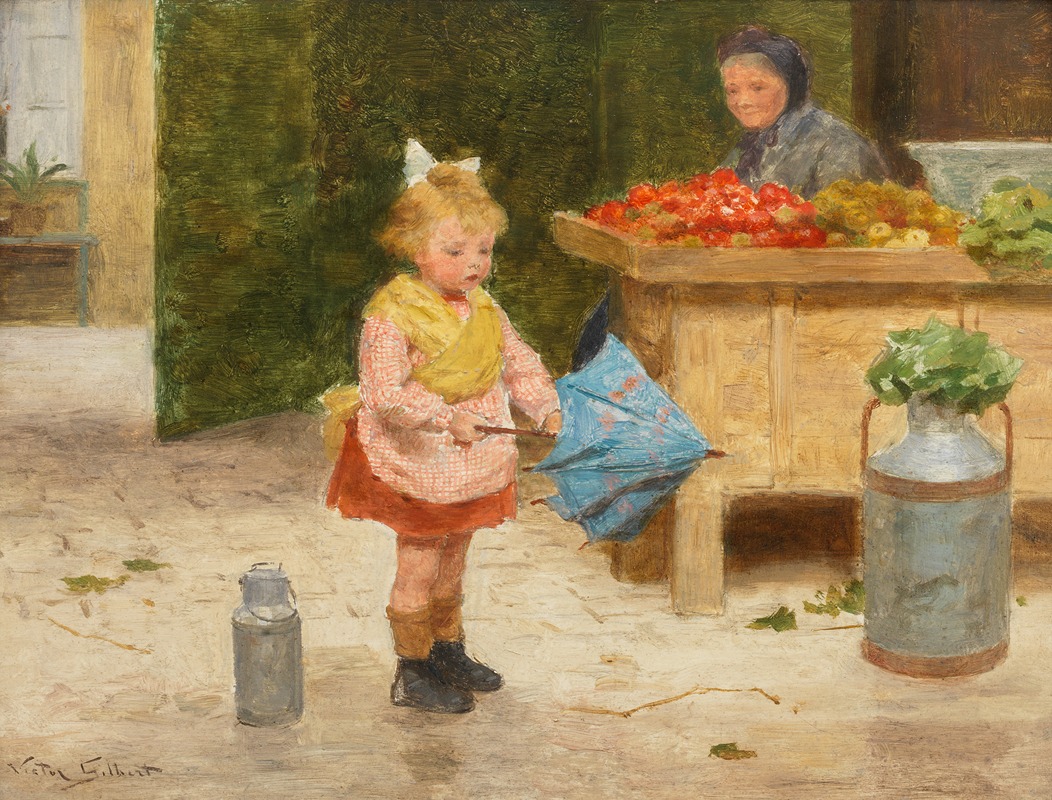 A young girl joyfully holds her first umbrella in this charming genre scene by Victor Gabriel Gilbert.
