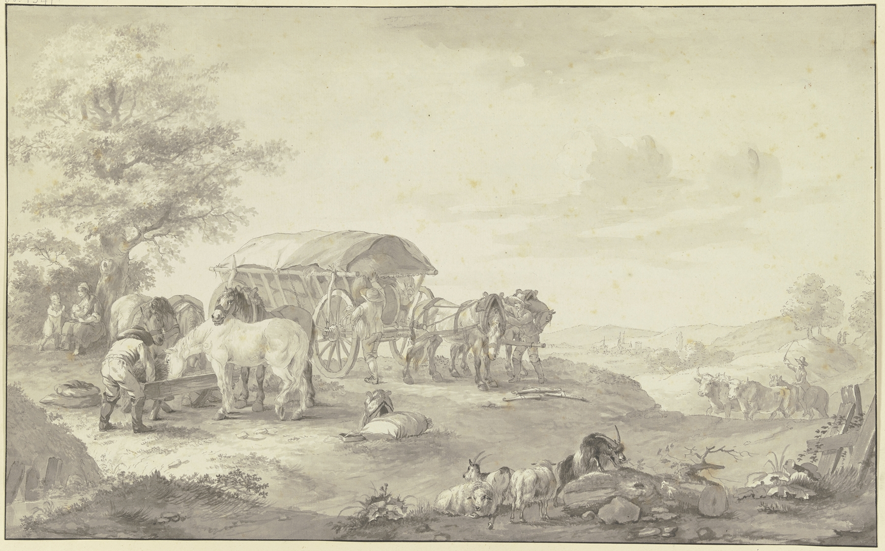 Landscape featuring a truck in a field under a tree, oil painting by Johann Georg Pforr.