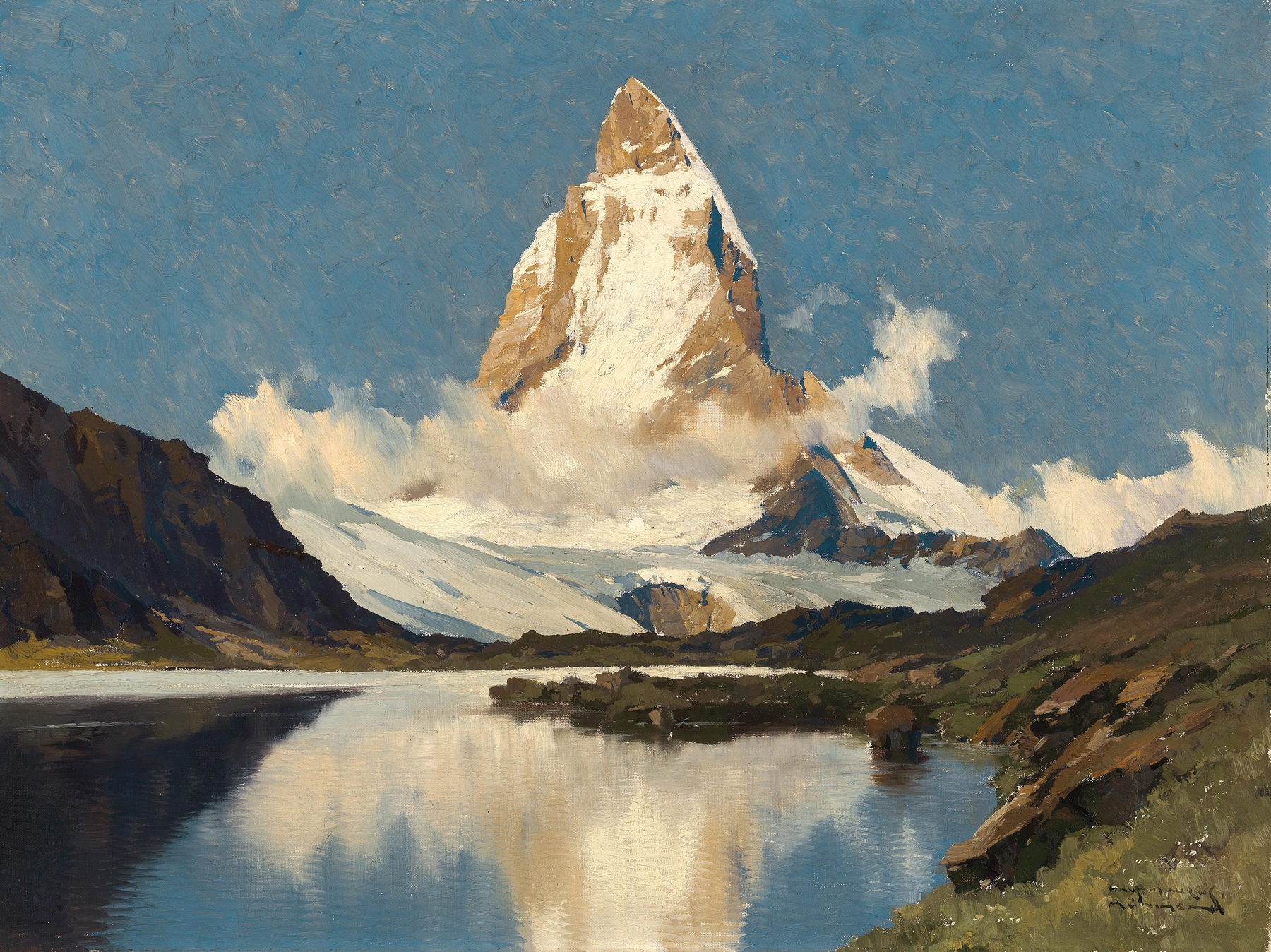Landscape featuring Matterhorn and Riffelsee, oil painting by Hans Maurus