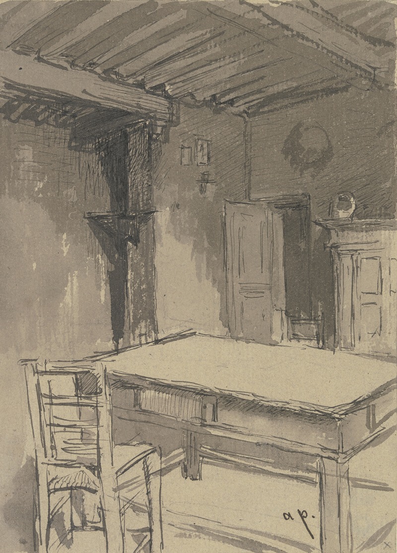 A detailed depiction of a room with a beamed ceiling by August von Pettenkofen.