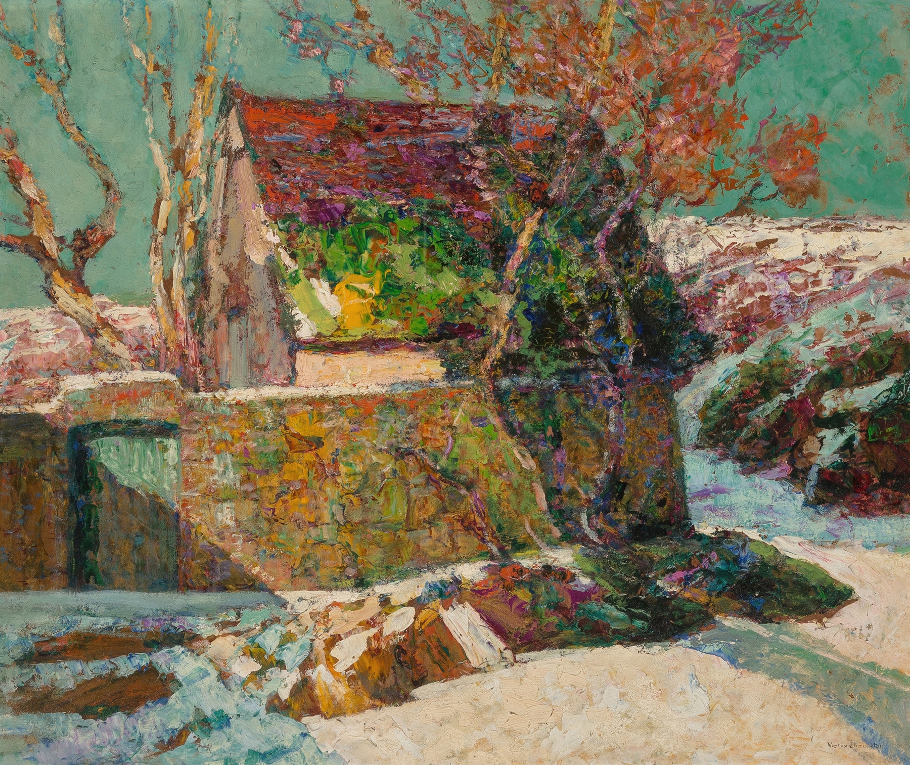 Snowy landscape with a cabin, oil on canvas by Victor Charreton