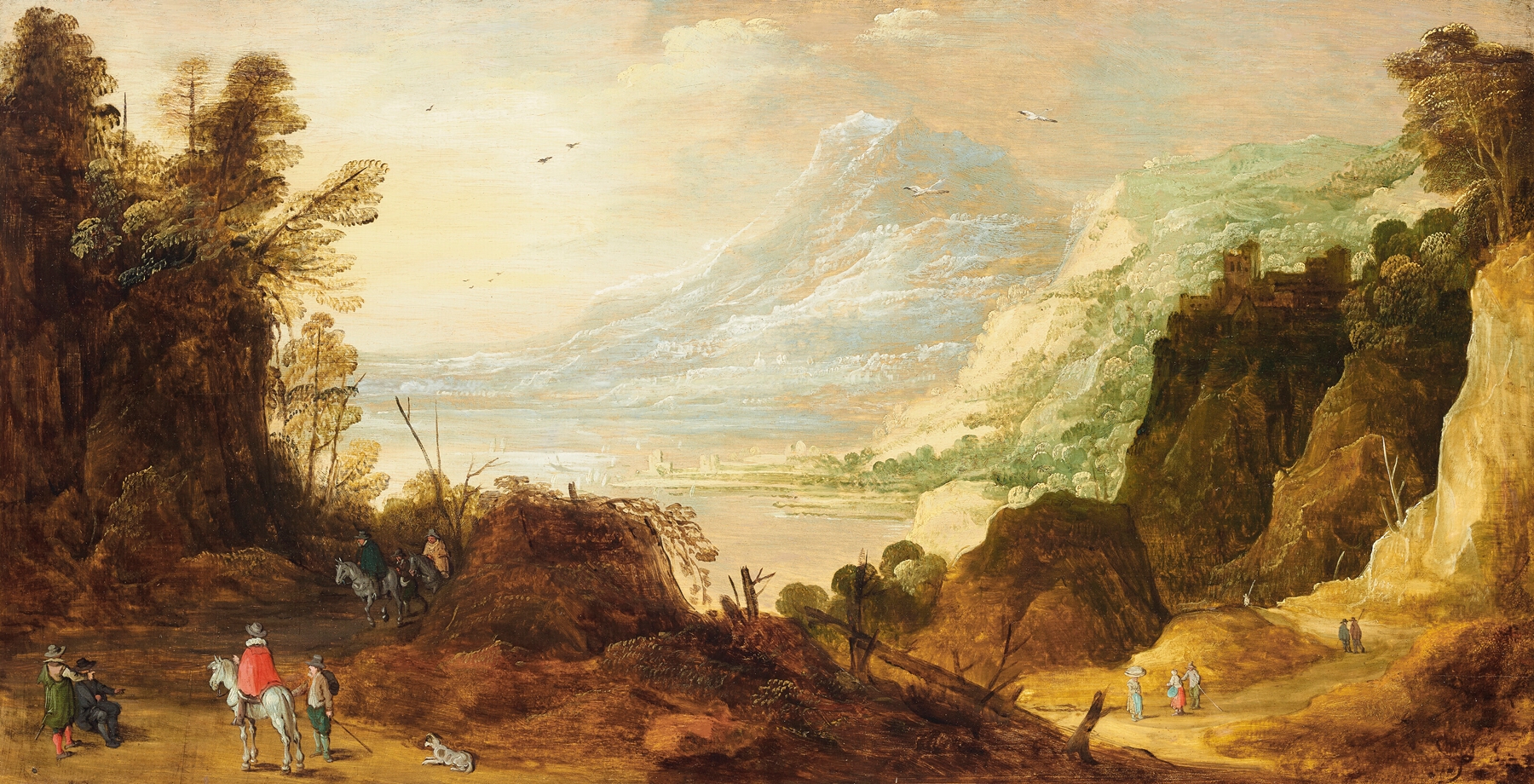 An extensive mountainous landscape with hunters on a path, by Joos de Momper, public domain