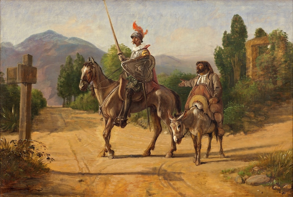 A depiction of Don Quixote and Sancho Panza at a crossroad.