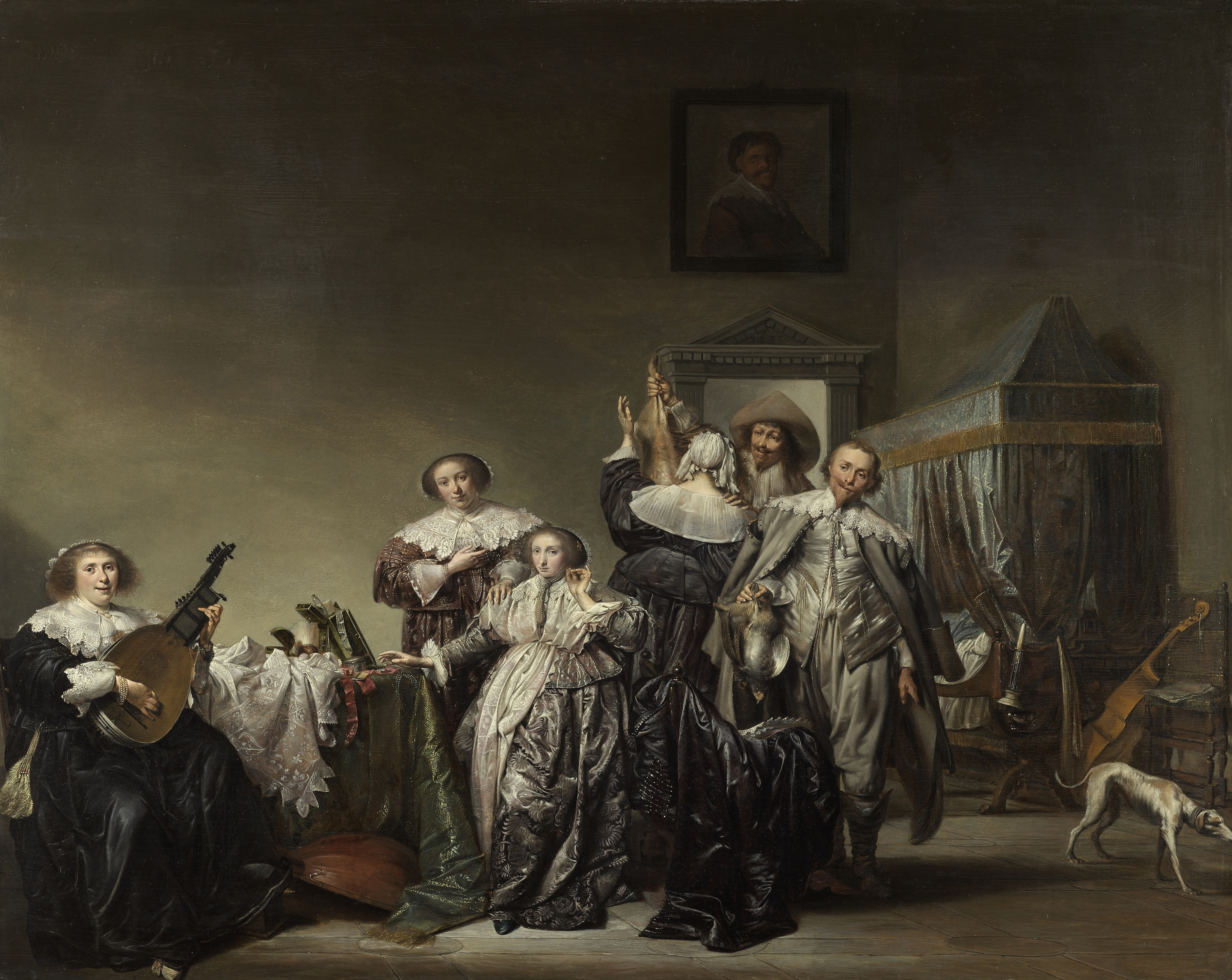Genre scene oil painting by Pieter Codde featuring a singing woman and gentlemen with game.